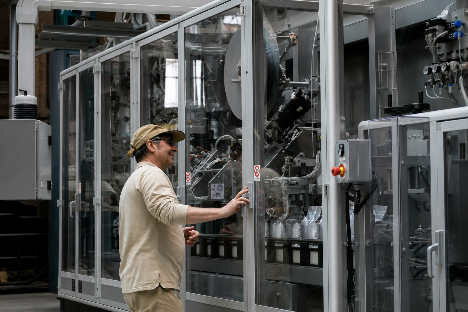 Man in front of a large invention behind a glass door