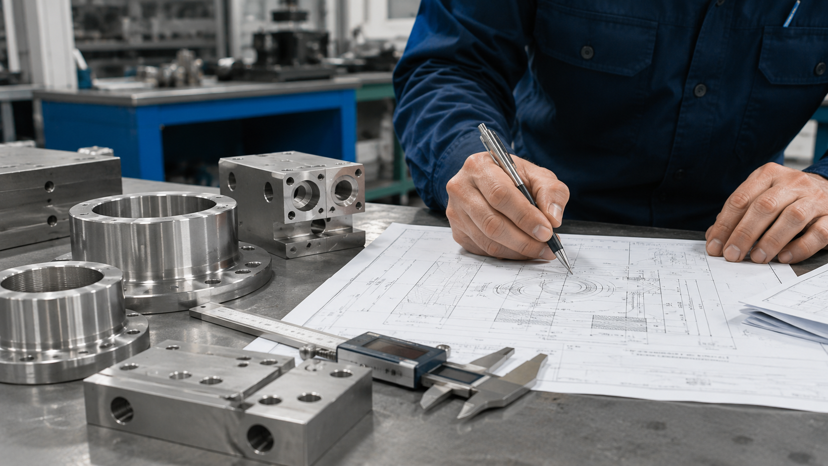 A workshop table with blueprints and machinery metal pieces.