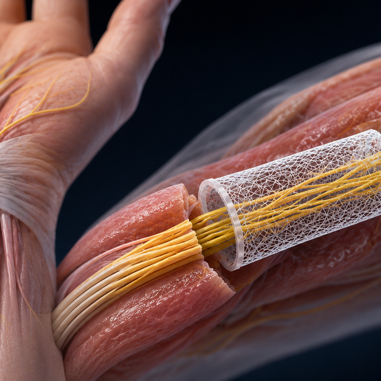 Conceptual illustration of a piezoelectric scaffold designed to promote nerve regeneration. Researchers in Dr. Jin Nam's lab implant a piezoelectric nerve guidance scaffold during a preclinical sciatic nerve surgery, demonstrating the technology's potential to support nerve repair and regeneration.