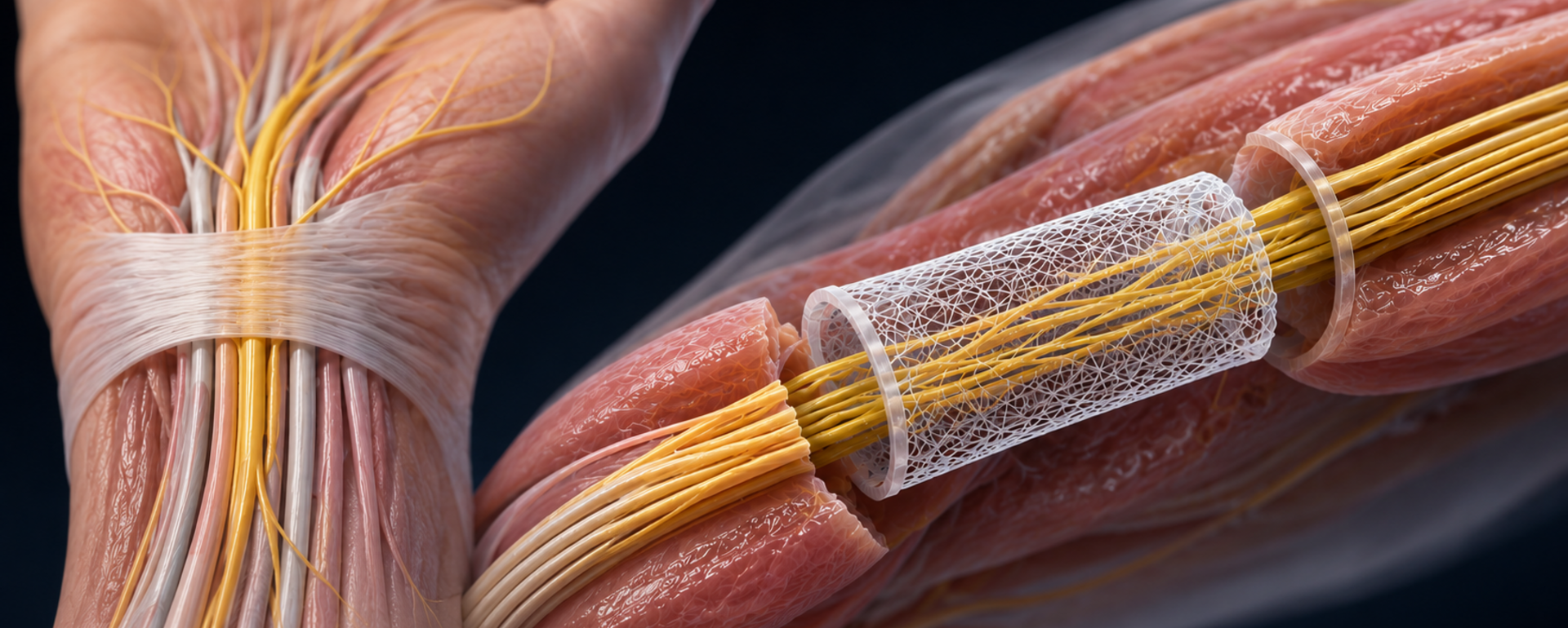 Conceptual illustration of a piezoelectric scaffold designed to promote nerve regeneration. Researchers in Dr. Jin Nam's lab implant a piezoelectric nerve guidance scaffold during a preclinical sciatic nerve surgery, demonstrating the technology's potential to support nerve repair and regeneration.