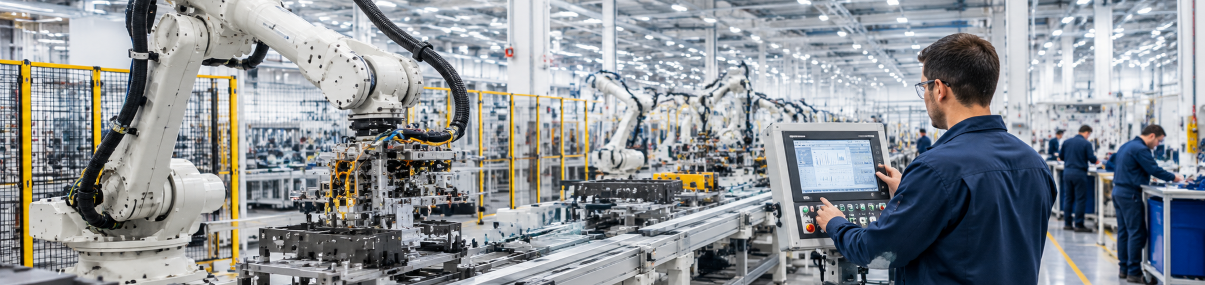 picture of an advanced manufacturing facility with a large robotic arm on a table with a man using a computer to program it.