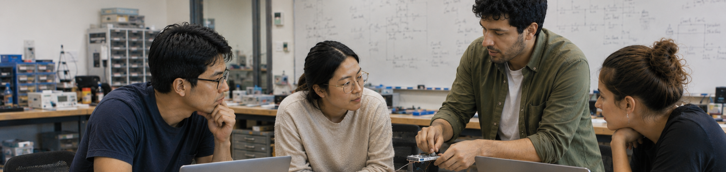 Technology startup team collaborates on an early-stage electronics prototype in an engineering lab.