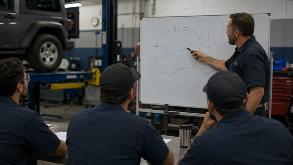 A group of auto technicians surrounding a whiteboard with the main technician showing them an illustration on a whiteboard.