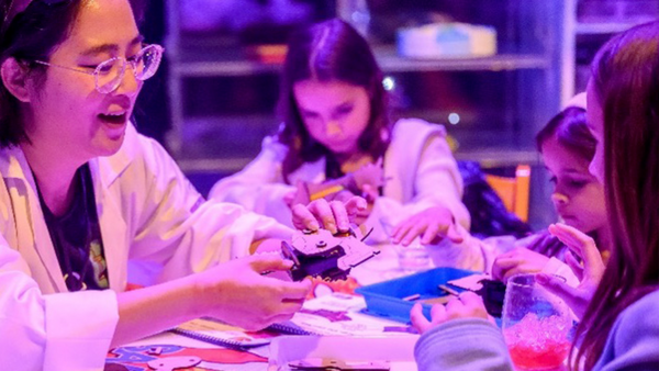 Instructor guides participants through a hands-on technology activity as they assemble components together during a collaborative workshop.