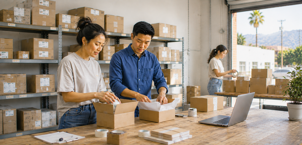 Business owners package products and prepare orders in a Southern California warehouse, representing established product-based businesses working to grow and scale.