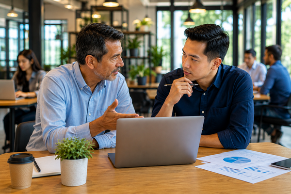 A business owner with his mentor at a coworking space having a discussion in front of their laptop at a desk.