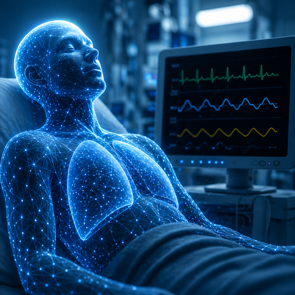 AI-enabled clinical monitoring illustration showing a hospitalized patient and bedside monitor, representing predictive respiratory distress detection in hospital and ICU settings.