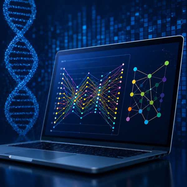 Digital illustration of a laptop displaying colorful multi-omics data visualizations and pathway analysis graphics, representing bioinformatics software for comparative omics research.