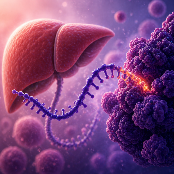 Biomedical illustration of a liver, RNA strand, and molecular structures, representing an RNA-based therapeutic target for cardiometabolic and liver disease applications.