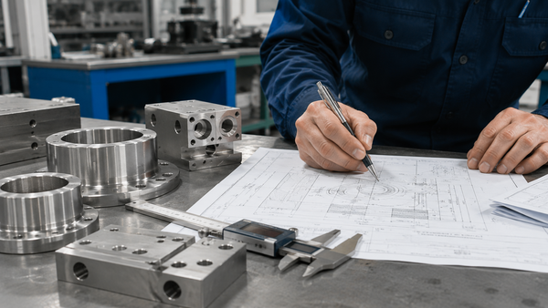 A workshop table with blueprints and machinery metal pieces.