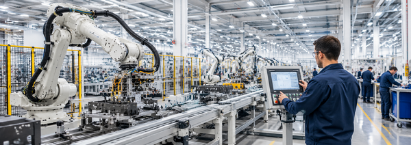 picture of an advanced manufacturing facility with a large robotic arm on a table with a man using a computer to program it.