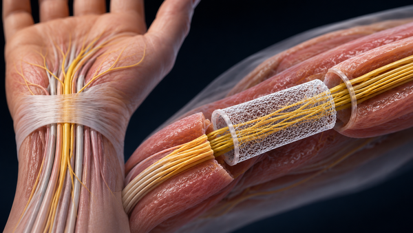 Conceptual illustration of a piezoelectric scaffold designed to promote nerve regeneration. Researchers in Dr. Jin Nam's lab implant a piezoelectric nerve guidance scaffold during a preclinical sciatic nerve surgery, demonstrating the technology's potential to support nerve repair and regeneration.