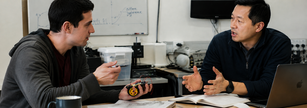 Two technology entrepreneurs discuss a prototype during a hands-on mentorship session in an engineering workspace.